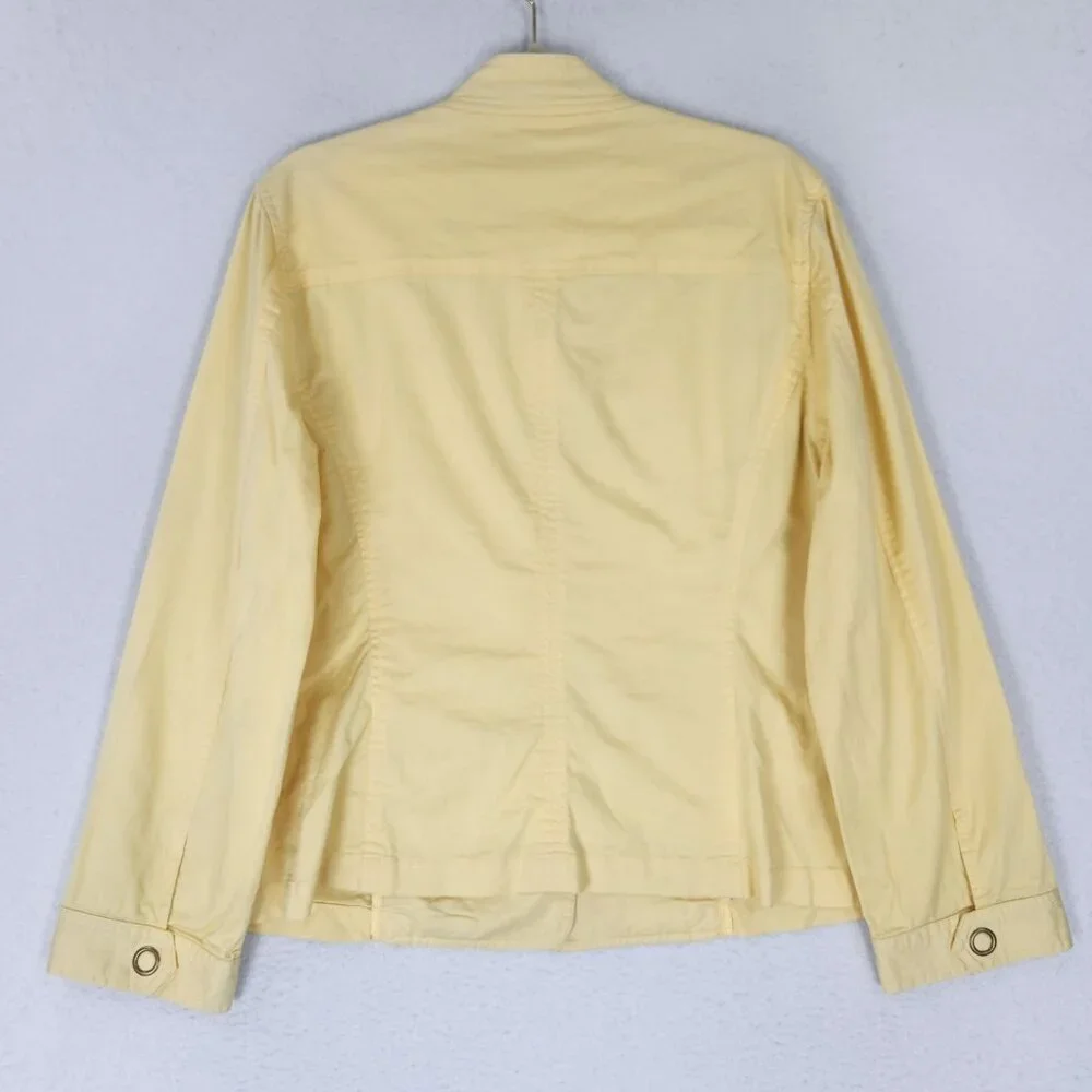 Chicos Jacket Womens 2 Yellow 12 Snap Front Ruffle Utility Casual Classic